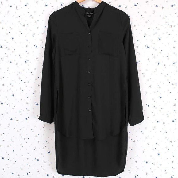 Woven Chiffon Button Up Hi Lo Blouse Shirt Black - Picture 1 of 8